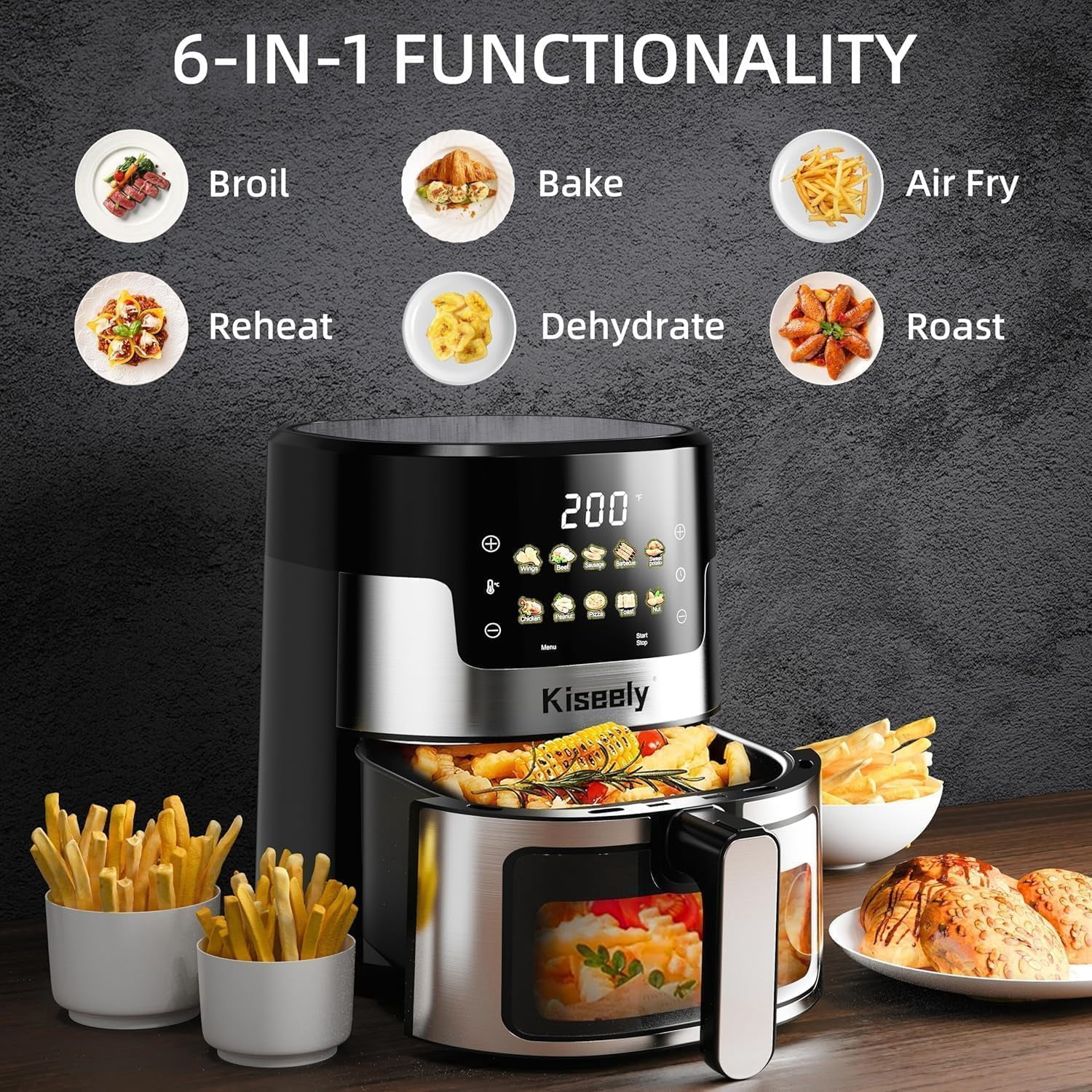 Kolimbay 6 QT Air Fryer with Glass Touch Screen and Clear Window, 10-in-1 Stainless Steel Oven for Roast Bake Broil