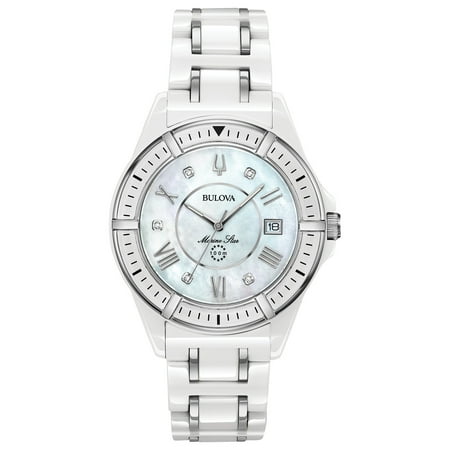 Bulova Women's Marine Star MOP Dial Steel & White Ceramic Bracelet Diamond Watch 98P172