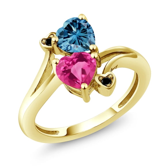 Gem Stone King 10K Yellow Gold Diamond Accent Ring Heart Shape Persian Blue Moissanite and Created Sapphire Pink (1.63 Cttw, Size 6)