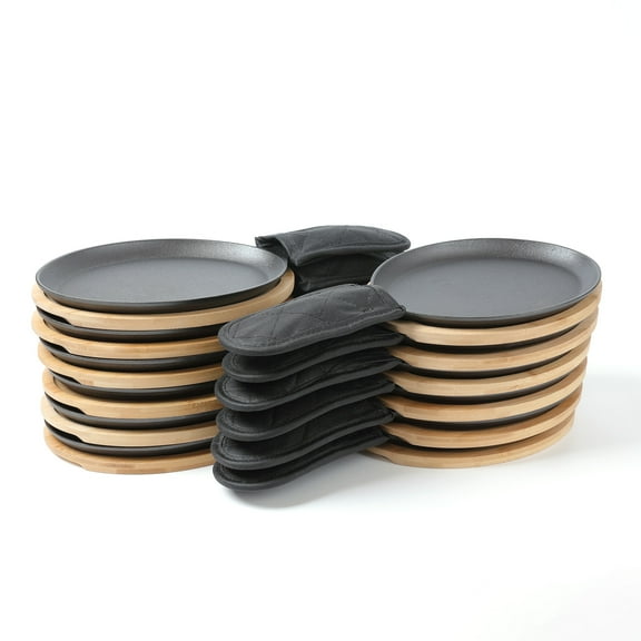 HAWOK Cast Iron Fajita Plate Sizzler Pan Set with Bamboo Tray and Handle Holder, Set of 12, Pre-seasoned Cast Iron Skillet with Bamboo Base and Handle Cover