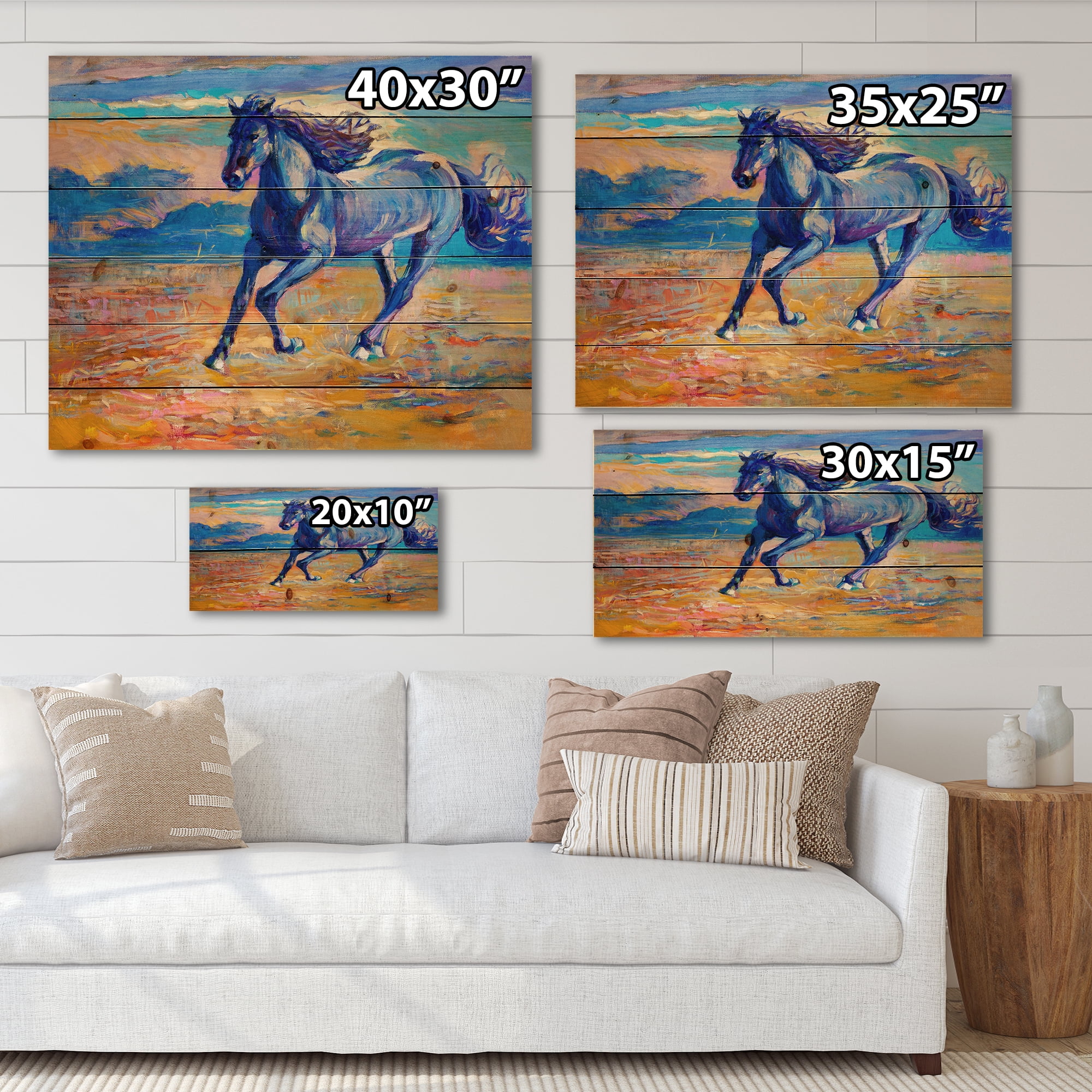 Designart 'Abstract Blue Horse Galoping Over The Prairie' Farmhouse Print on Natural Pine Wood