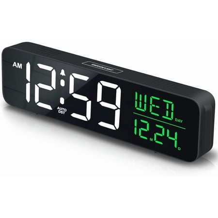 Large Display Digital Alarm Clock for Bedrooms Date Day of Week Calendar Desk Table Clocks Living Room Office Dimmable Plug in Electric Clock 5 Volumes Loud Auto DST