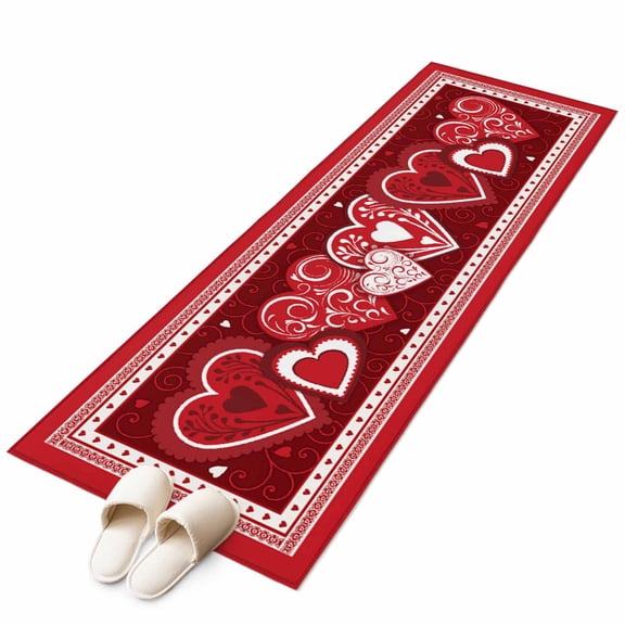 Valentine's Day Washable Area Rug 2 x 6 ft Red and White Love Heart Geometric, Soft Non Slip Rugs Stain Repellent Indoor Felt Carpet for Living Dining Room Bedroom Home Office
