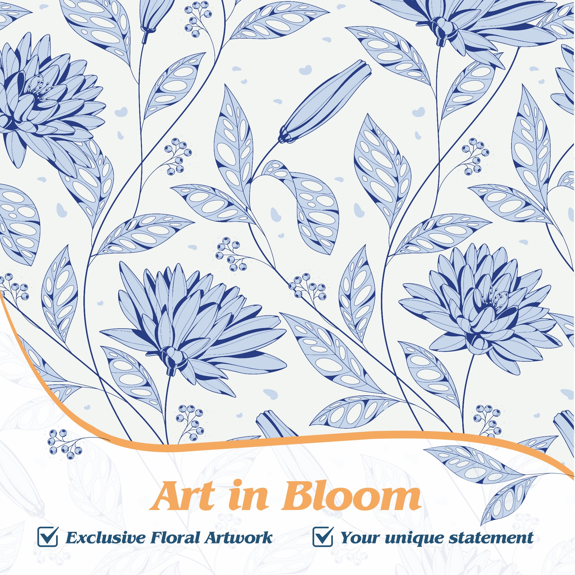 Inosoo Linen-Look Digital Print Shower Curtain, Blue Dahlia Flowers on White Background, 72x72 Inches