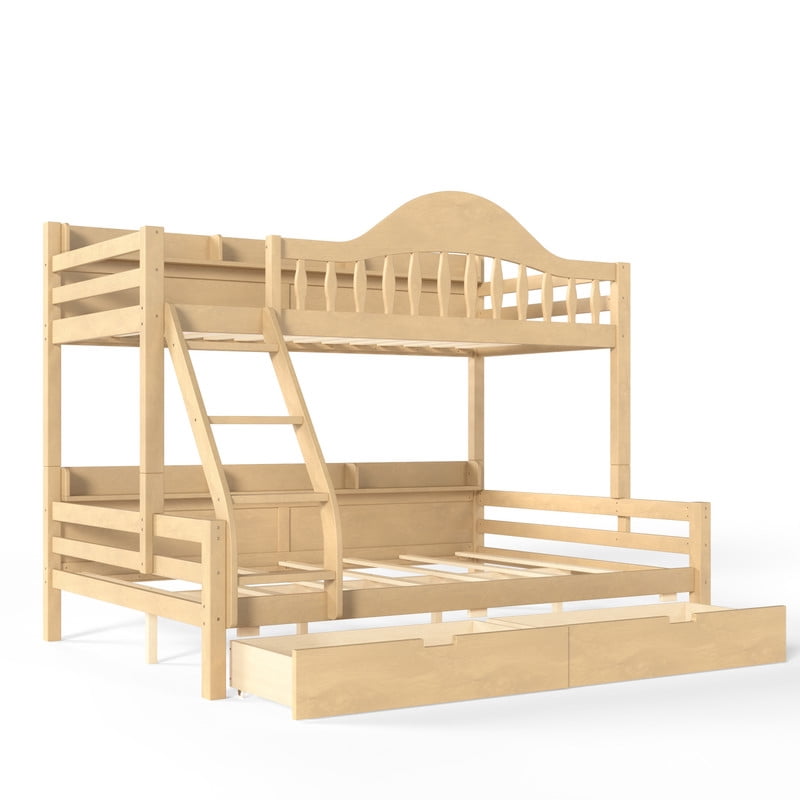 Twin Over Full Bunk Bed with 2 Storage Drawers, Solid Wood Kids Bunk Bed with Curved Guardrails, Side Storage Shelves and Ladder, No Box Spring Needed