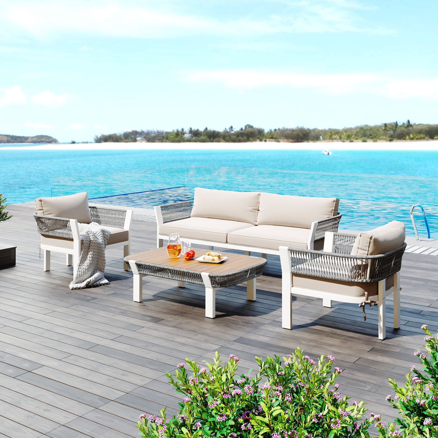 Harper & Bright Designs Outdoor Rope Furniture Set, 4 Piece Patio Conversation Set with Loveseat and 2 Chairs & Coffee Table for Backyard Porch Garden, Greyen Poolside and Backyard, Beige+Grey