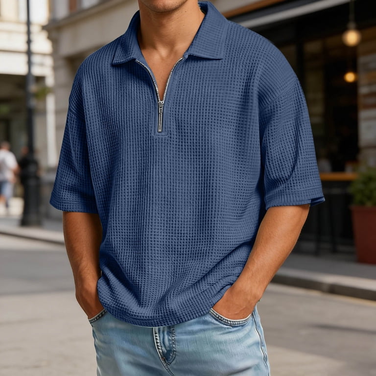 XIAONU Men's Solid Waffle Polo Shirt Half Zip Short Sleeve