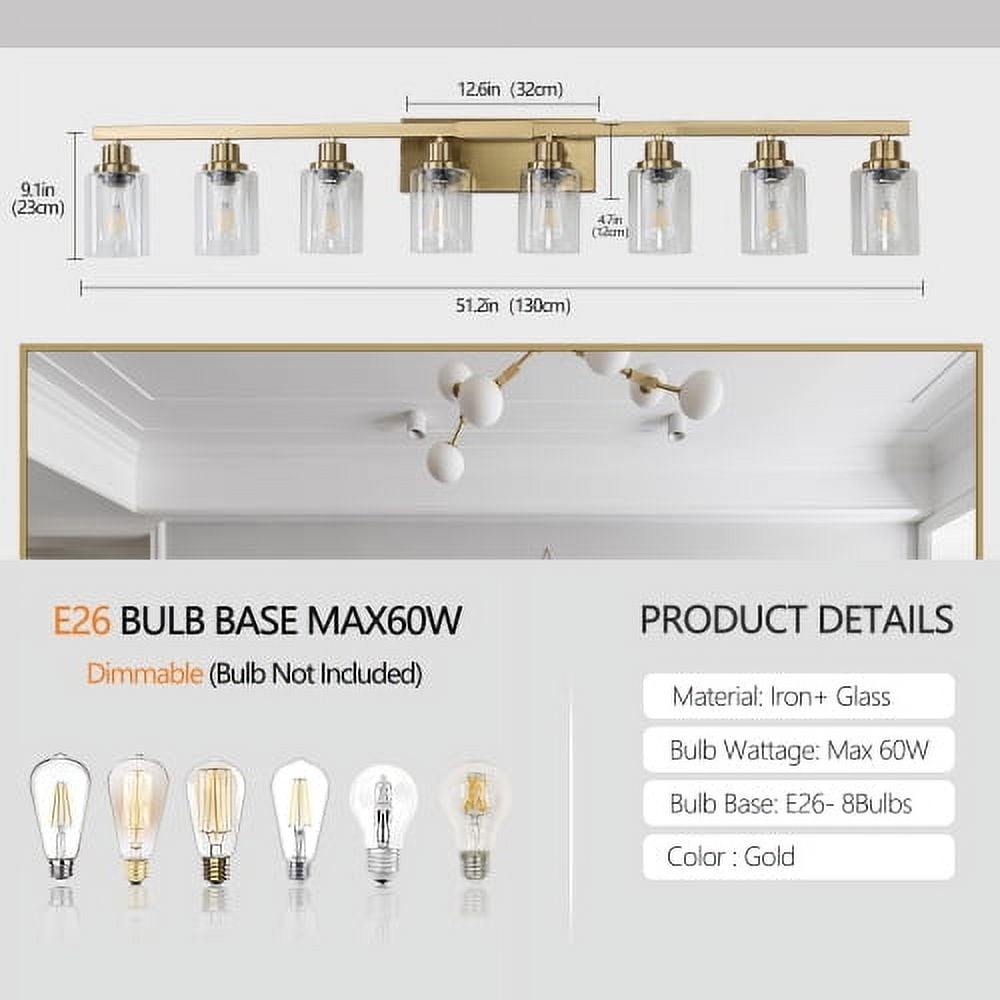 Hi-LIGHTS,Modern 8-Lights Vanity Bathroom Mirror Light with Clear Glass Shades(Bulbs Not Included),Contemporary Wall Sconce for Bathroom,Dressing Room,Bedroom,Living Room(Golden)