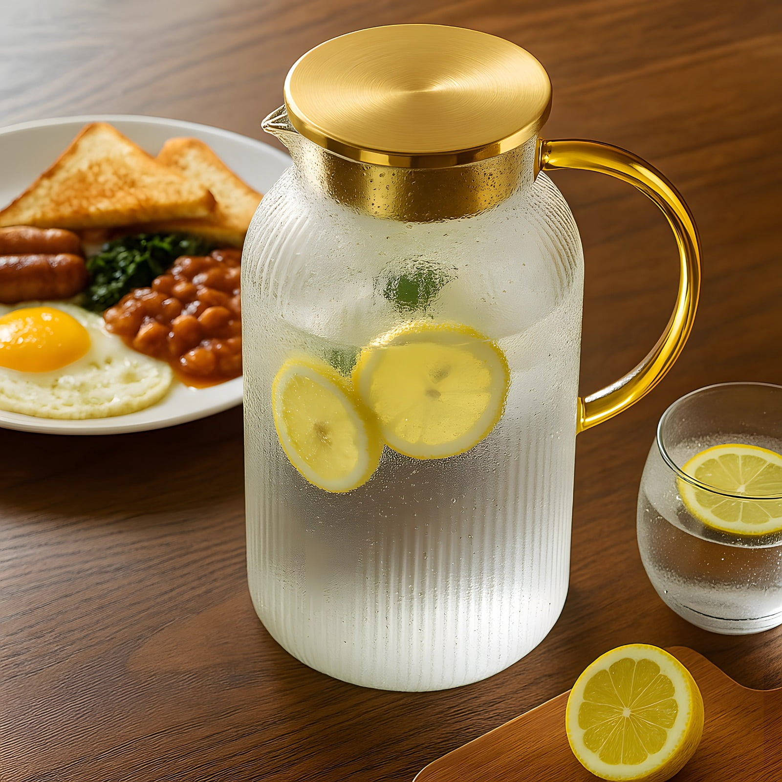 2 PCS Glass Pitcher with Lid, 64 oz Heat Resistant Borosilicate Carafe, Vertical Stripe Water Pitcher for Iced Tea, Juice, Lemonade, Coffee, Milk, Cold Brew, Fridge Beverage Server