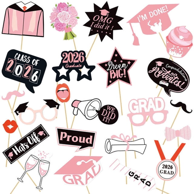 Ohufall 24Pcs Class Of 2026 Graduation Photo Booth Props Funny Decor Grad Party Supplies With Tape
