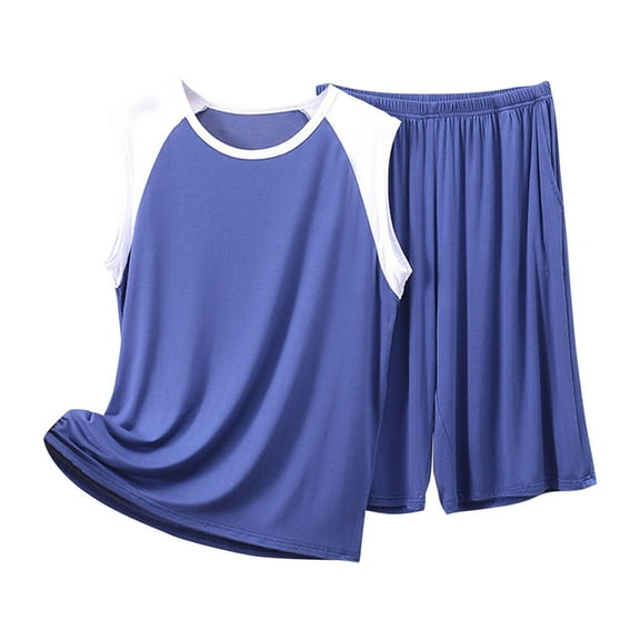 MGDXOX Men's Modal Pajama Sets Casual Sleeveless Crewneck Lightweight Tops and Shorts PJs Lounge Color Block Set 2 Pieces Blue XXXXXL