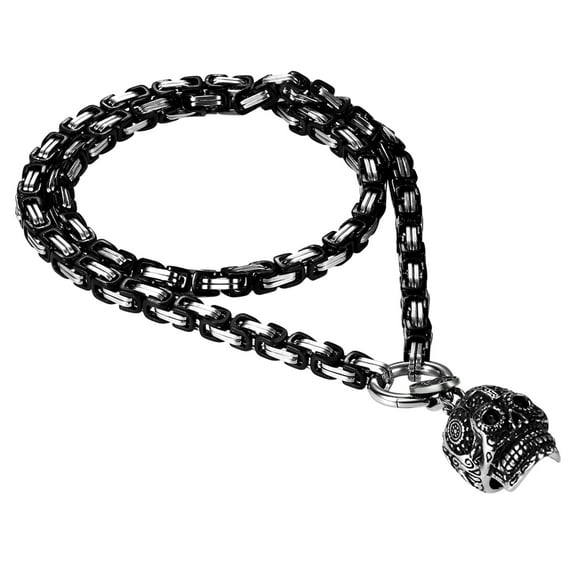 Avaner Virgin Mary Cross Skull Head Necklace: Cool Punk Gothic Skull Necklace for Men with 24 Inch Stainless Steel Byzantine Chain Halloween Skeleton Jewelry Gifts