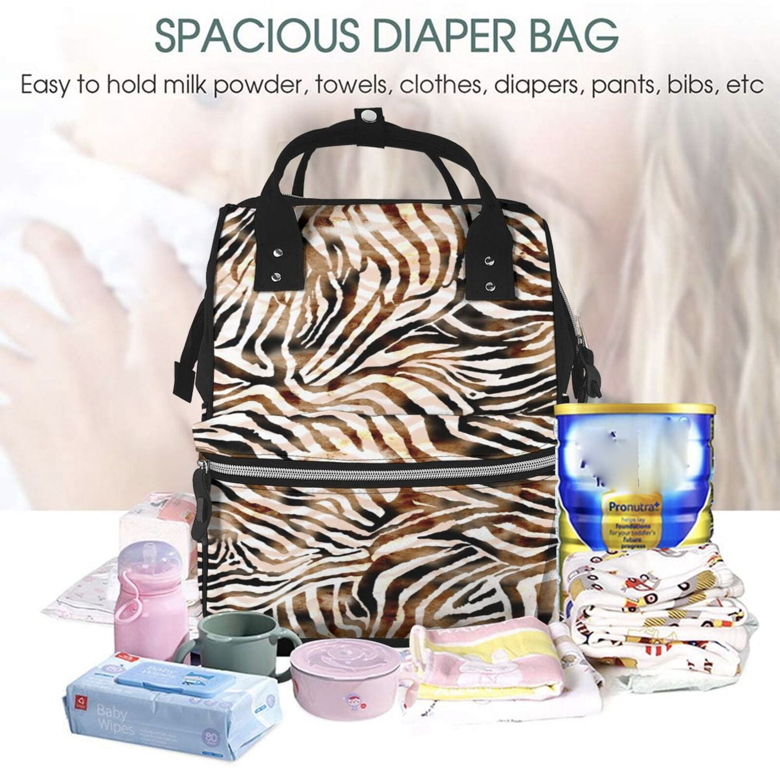 Ratiio Watercolor Zebra Mummy Backpack - Waterproof Twill Canvas, Large Capacity Diaper Bag with Multiple Pockets and Adjustable Straps