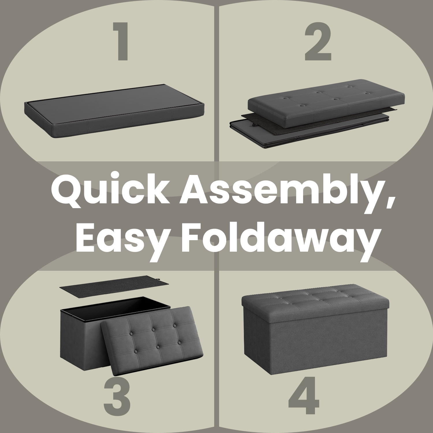 LEDREM Folding Storage Ottoman Bench, 30-Inch Synthetic Leather Seat with 660 lb Capacity, Thick Foam Cushion, Multi-Use Footrest Storage Chest, Dark Gray