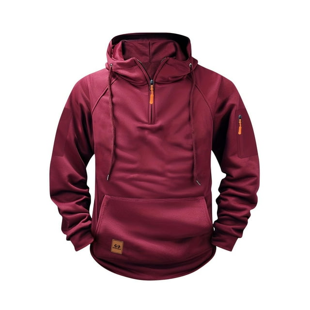 yardsong Vintage Mens Cargo Quarter Zip Hoodie Tactical Drawstring Running Workout Sweatshirt with Pockets Wine,XXL