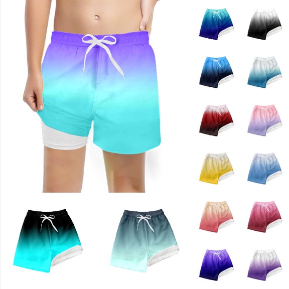 Krdevn Boys Gradient Swim Trunks, Drawstring High Waist Loose Comfort Lined Kids Beach Board Shorts,Light Blue