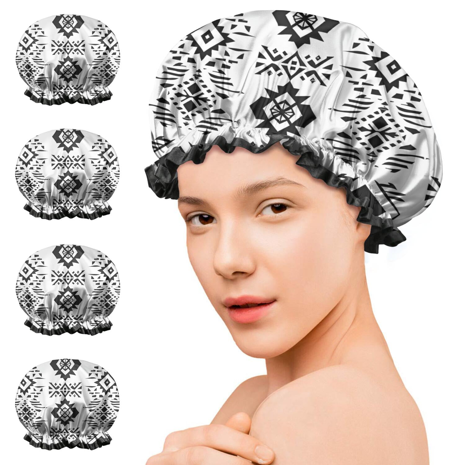 Shower Caps,Black Geometric Triangle Diamond Pattern Waterproof Shower Cap for Women 4 Pieces,Double Reusable Hair Cover for Shower PEVA Elastic Stretch Hem