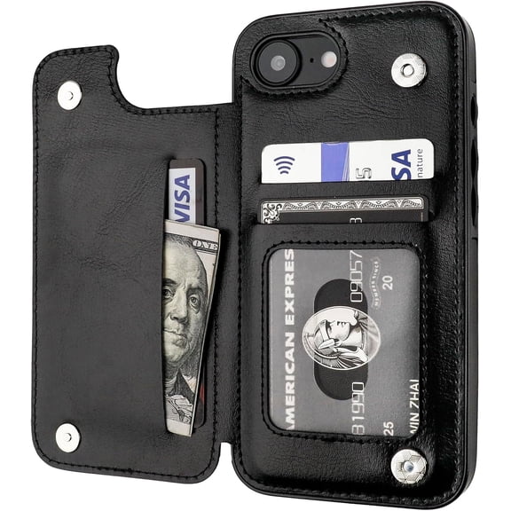 KOMI Compatible with iPhone 16e Wallet Case with Card Holder, PU Leather Kickstand Card Slots Case, Double Magnetic Clasp and Durable Shockproof Cover 6.1 Inch (Black)