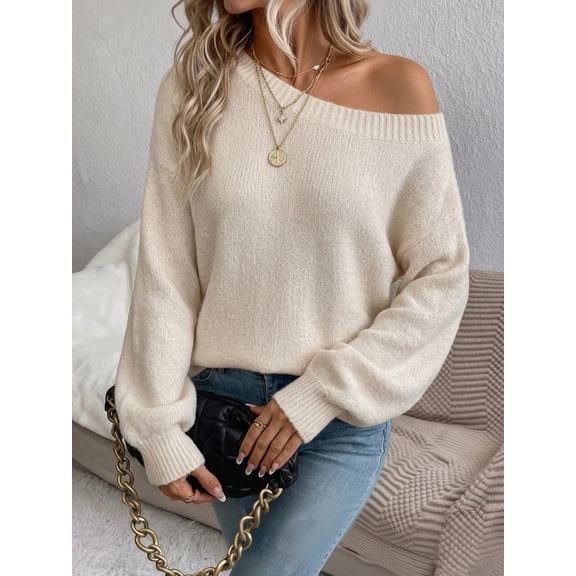 Women's Off the Shoulder Sweater Long Sleeve Loose Knit Pullover Top