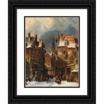 Charles Leickert 19x24 Black Ornate Framed Double Matted Museum Art Print Titled: Winter City View (1839)