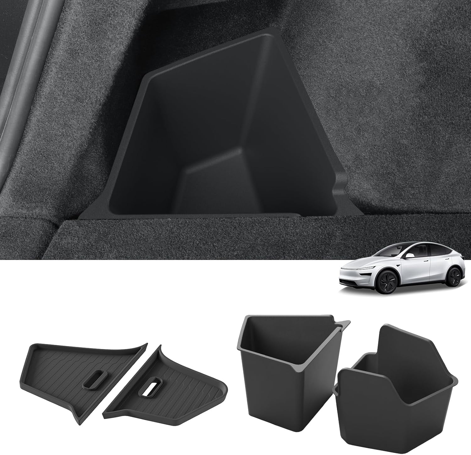 Tesla Model Y Juniper 2025-2026 Rear Cargo Storage Bins, Black TPE Trunk Organizer with Lids, Side Storage Boxes for Trash & Accessories, Durable Car Storage Solution