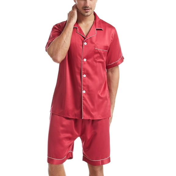 kakina CMSX Men'S Satin Silk Pajamas Sets Loose Solid Color Short Sleeve Sleepwear Button-Down Sets Two-Pieces Loungewear with Pockets