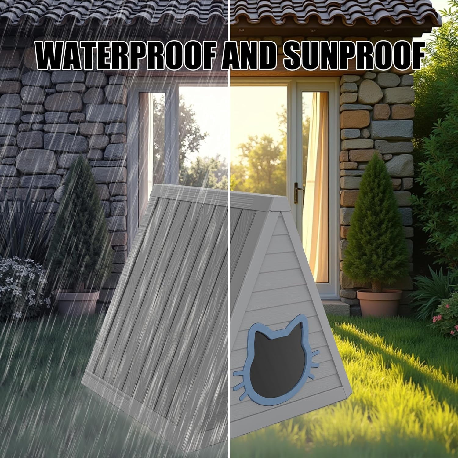 Triangle Outdoor Cat House - Resin Cat House, Elevated & Ventilated Cat Houses for Outdoor Cats in Garden, Patio, or Yard