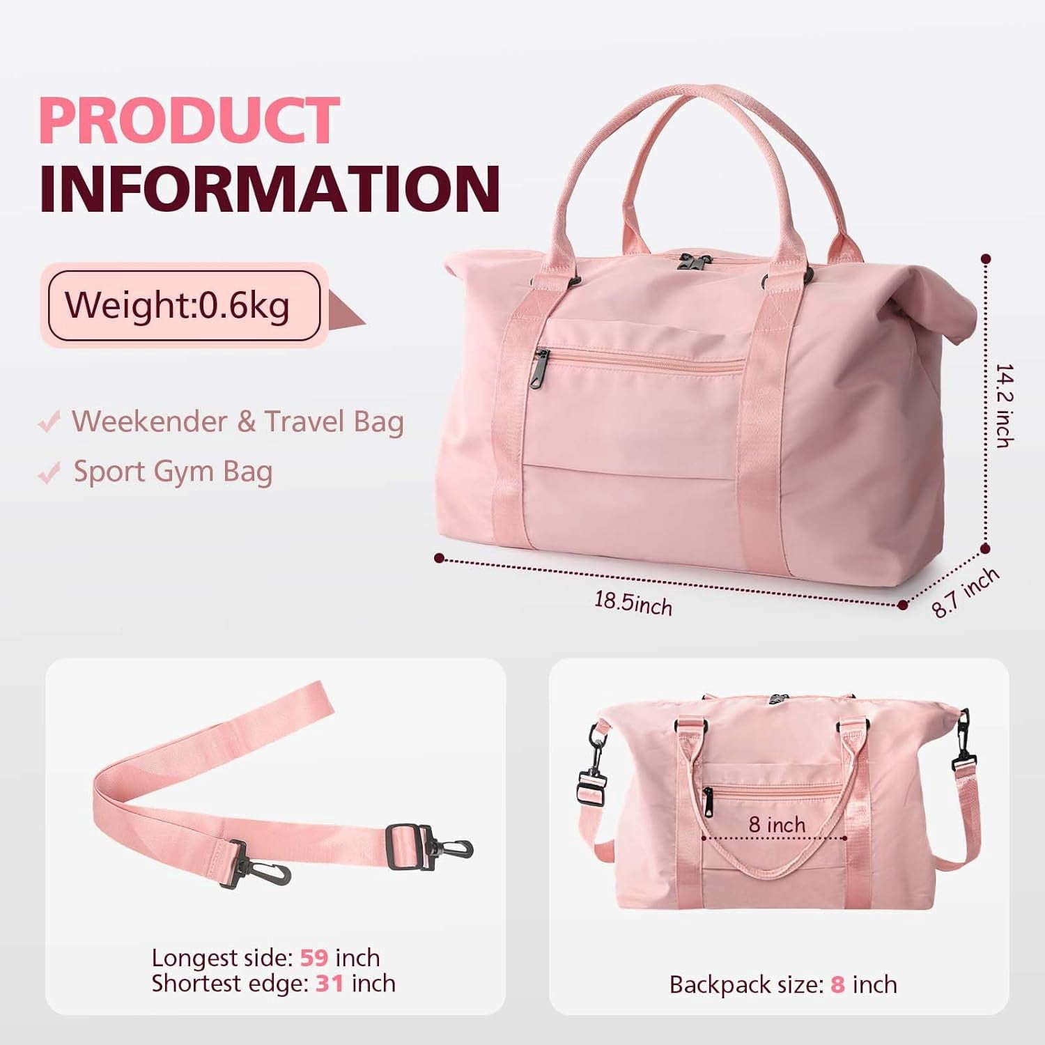 Kwuty TOPBAG Travel Duffle Bag, Waterproof Weekender Carry On Tote Bags for Women, Sport Gym Bag for Men, Hospital Bag for Labor and Delivery, Overnight Luggage Bag with Trolley Sleeve Coral Pink