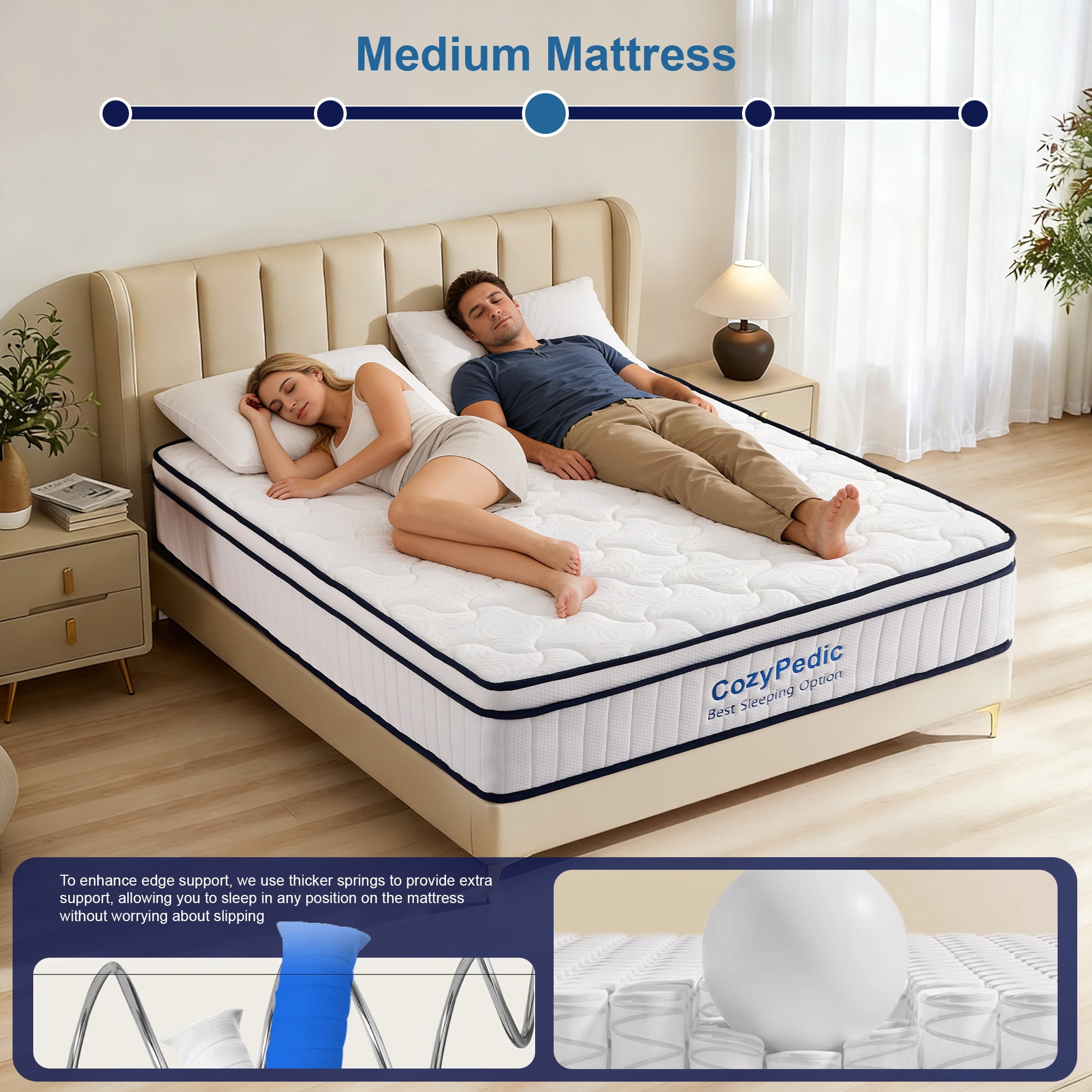King Size Mattress,10 Inch Medium Firm Memory Foam, Pocket Springs for Back Pain Relief & Pressure Relief, Cooling Antibacterial Cover, CertiPUR-US Certified, White