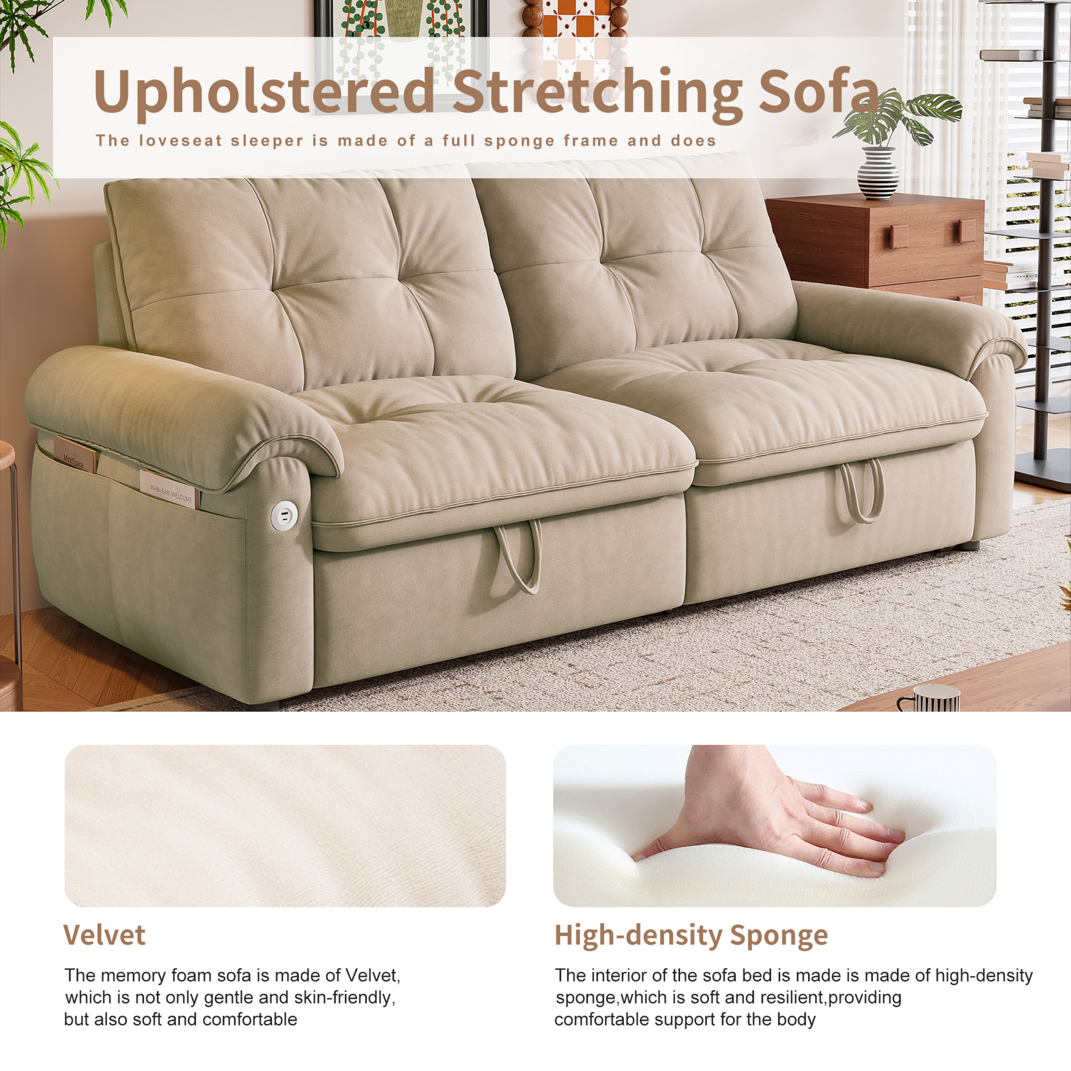 Noble House 77" Modern Velvet Convertible Sofa Bed, Pull Out Loveseat with Adjustable Backrest & USB Ports, Brown