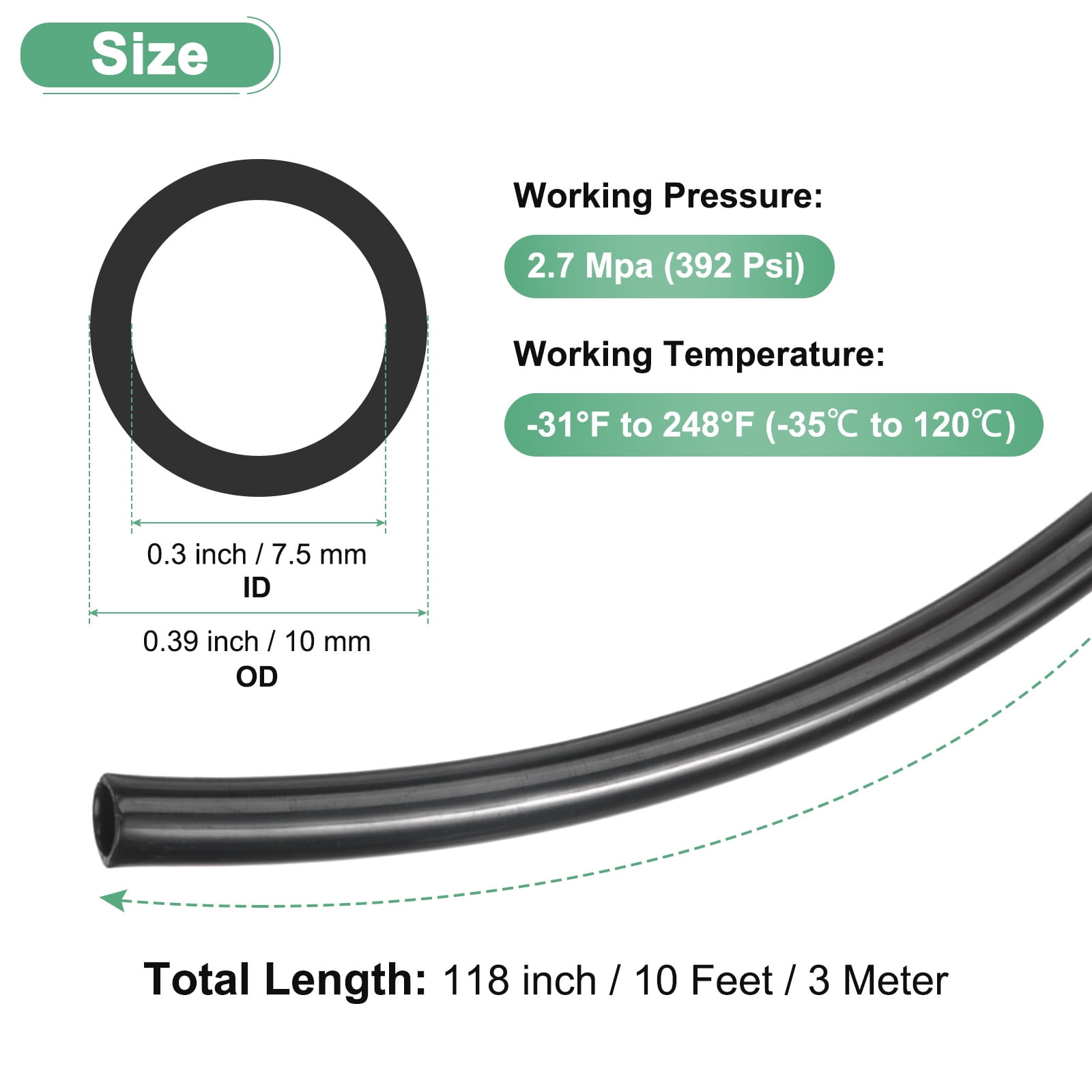 Uxcell Nylon Line Hose Tube, 0.3"(7.5mm) ID x 0.39"(10mm) OD PA6 Pneumatic Air Line Tubing for Fluid Transfer [3 M/10FT, Black]
