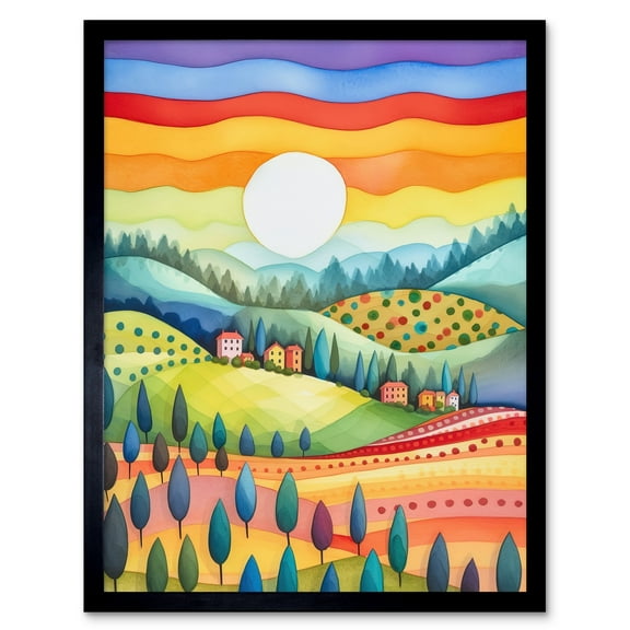 Tuscan Rolling Hills At Sunrise Abstract Folk Art Art Print Framed Poster Wall Decor 12x16 inch