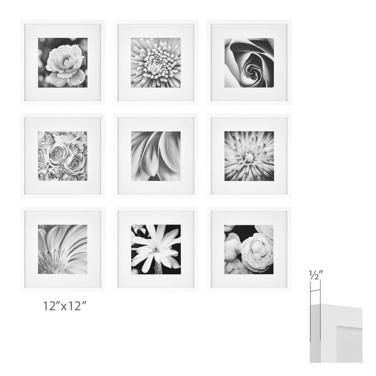 Gallery Perfect 9 Piece White Square Photo Frame Gallery Wall Kit with  Decorative Art Prints & Hanging Template