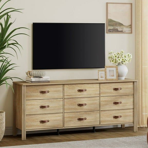 WAMPAT Farmhouse Dresser with 9 Drawers, Extra Wide Chest of Drawers, Modern Storage Organizer with Solid Wood Legs for Closet, Living Room, Nursery, Light Oak