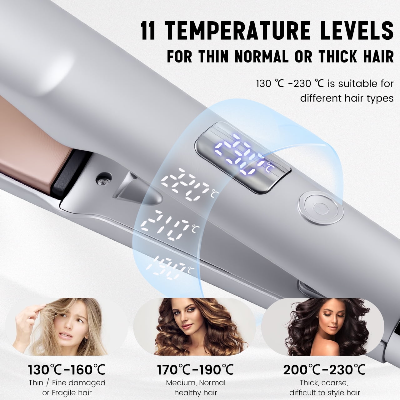 HATTEKER Professional 2-in-1 Curling & Straightening Iron - Hair Straightener - Curling Iron - 11 Temperature Settings - Auto Shut-off - Silver