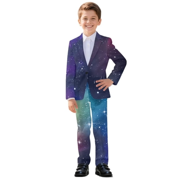 Xoenoiee Galaxy Star Print Suit for Boys Slim Fit 2 Piece Formal Kids Suits Tuxedo Set Toddler Suit for Boys Dress Outfit Blazer Pants, 13-14 Years