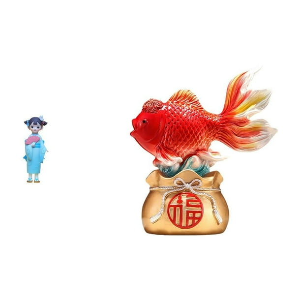 Figura De Geisha Kabuki Asiática Para Casa De Muñecas Con Kimono Japonés Y Estatua De Pez Koi Feng Shui. Ideal Como Regalo De Cumpleaños O Para Decorar La Entrada, La Oficina O El Hogar.