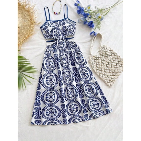 Womens Blue And White Floral Print Sleeveless Midi Dress With Side Cutouts And Tie Waist, Vacation Style Summer Dress