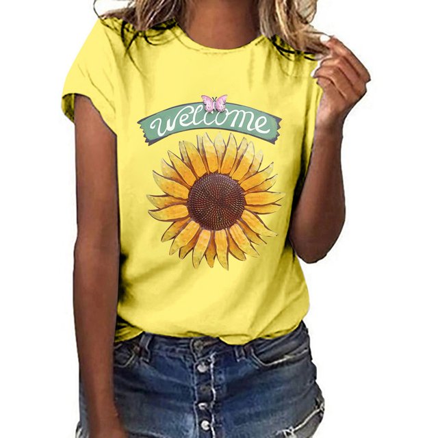 Pntutb Mujer Daisy Impresión Manga Corta Cuello Redondo Moda Casual Camiseta tops Pntutb Pntutb-7108