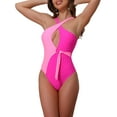 thumbnail image 4 of INSPIRE CHIC Conjunto de Bikini Monokini de Color Bloque para Mujeres, Traje de Baño de Una Pieza con Anillo en O y Lazos Lateral, Pequeño Rosa Rojo, 4 of 5