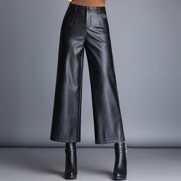Pantalones de cuero para mujer, pantalones anchos y recortados de cintura alta, pantalones de cuero PU sueltos de otoño e invierno, estilo coreano, ropa exterior adelgazante de talla grande