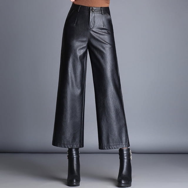 Pantalones de cuero para mujer, pantalones anchos y recortados de cintura alta, pantalones de cuero PU sueltos de otoño e invierno, estilo coreano, ropa exterior adelgazante de talla grande