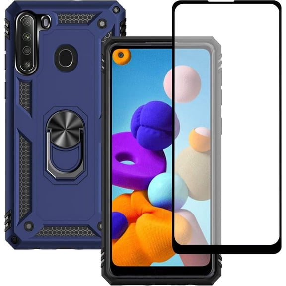 Samsung A21 Phone Case, Galaxy A21 Phone Case with Screen Protector, Military Grade Protective Cases with Ring for Samsung Galaxy A21 (Blue)