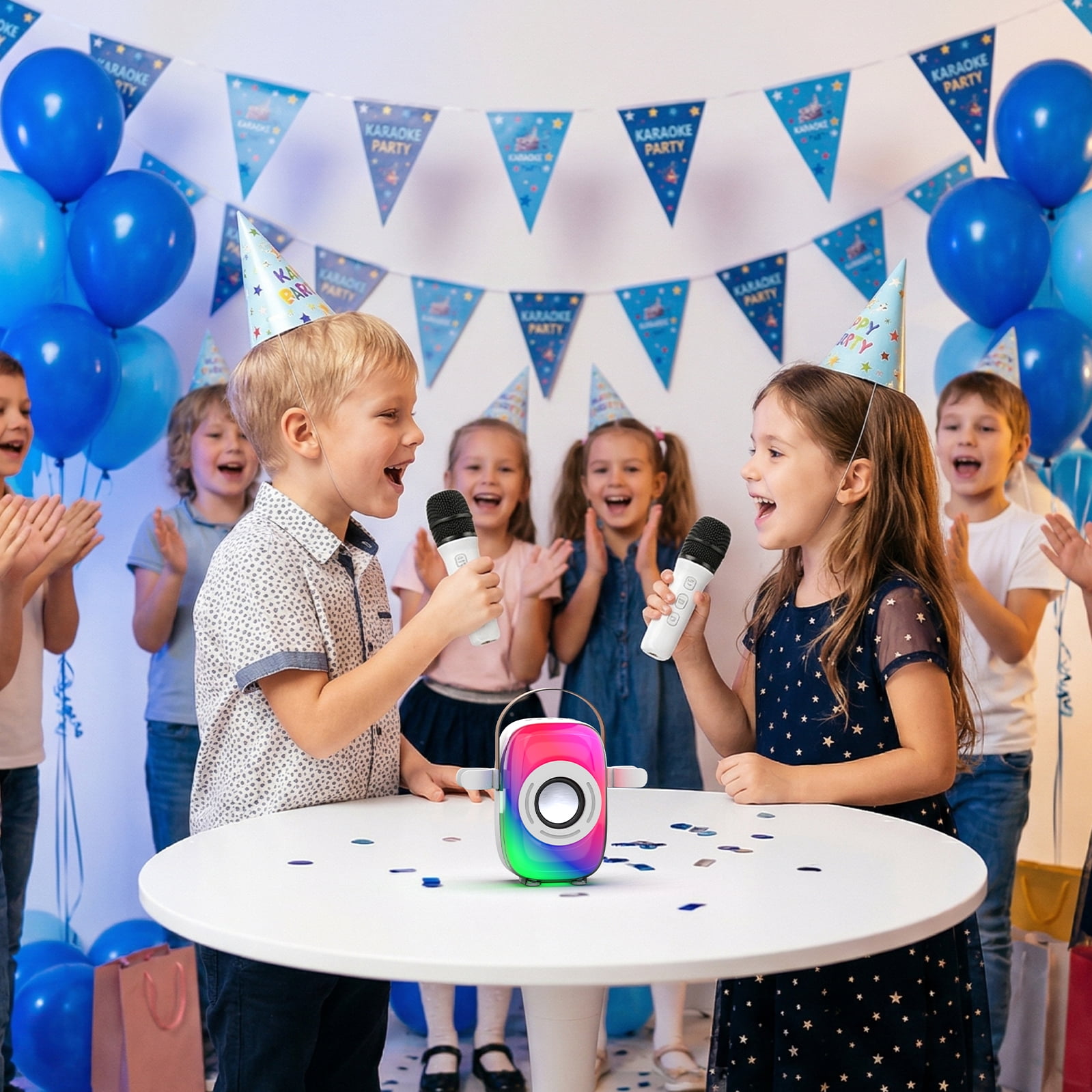 Jierben Kids Karaoke Machine for Party, 2 Wireless Mics, Mini Karaoke Machine, Bluetooth 5.0, LED Light Show, Eight Lighting & Four Voice Modes