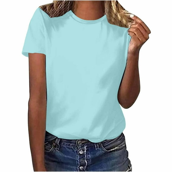 Scyoekwg Womens Tops Casual Ladies Tops Short Sleeve Tops Comfy Crewneck Basic Tops Loose Summer Solid Color Blouses (Sky Blue,L)