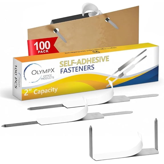 OLYMPX 100 Pcs of 2 Capacity Economy Self Adhesive Prong Paper Fastener Bases, 2.75 Inch Center for Paper File Clip Folder Accessories, 100 per Box
