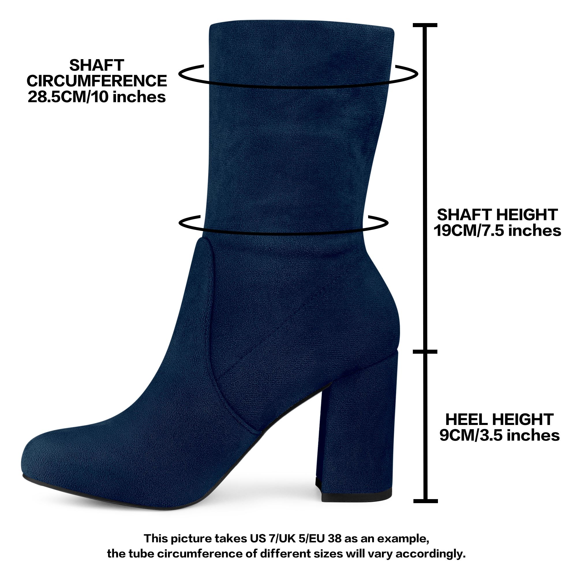 DARING DIVA Women's Rounded Toe Block Heeled Foldable Mid-Calf Boots Navy Blue US 9.5