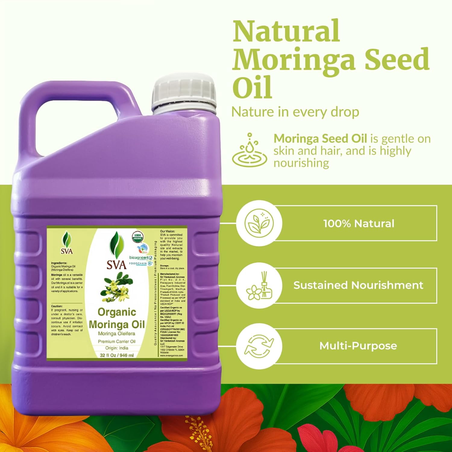 SVA Moringa Seed Oil Organic - 32 Fl Oz – 100% Natural Cold Pressed Moringa Oil - for Face, Skin Care, Hair Care, Scalp Massage & Body Massage – Carrier Oil with Dropper