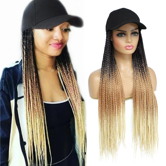 Yunkang Gorra de béisbol trenzada Peluca Caja Trenza Extensiones de cabello con sombrero Ombre negro marrón rubio Peluca de pelo sintético con cabello trenzado de 24 pulgadas de largo para mujeres (B-