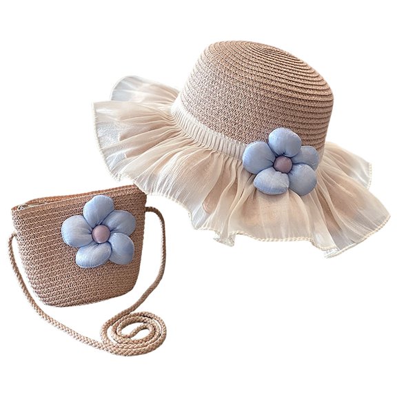 Tigivemen Wide Brim Flower Sun Hat for Toddler Baby Girls with Purse Tea Party Straw Buacket Hats and Crossbody Shoulder Bag Pink Size One Size